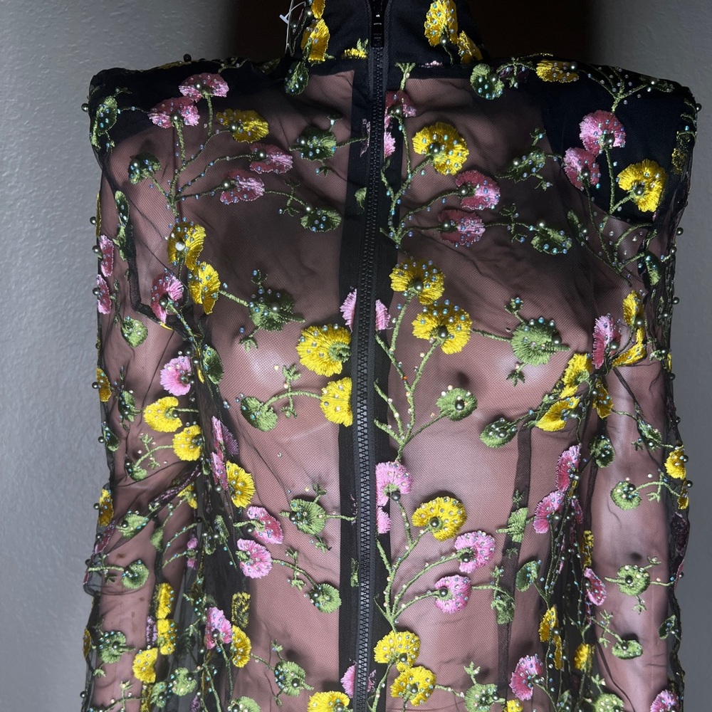 Zhivago, Embroidered flowers , Black Mesh, Zip up jacket w/ shoulder pads
